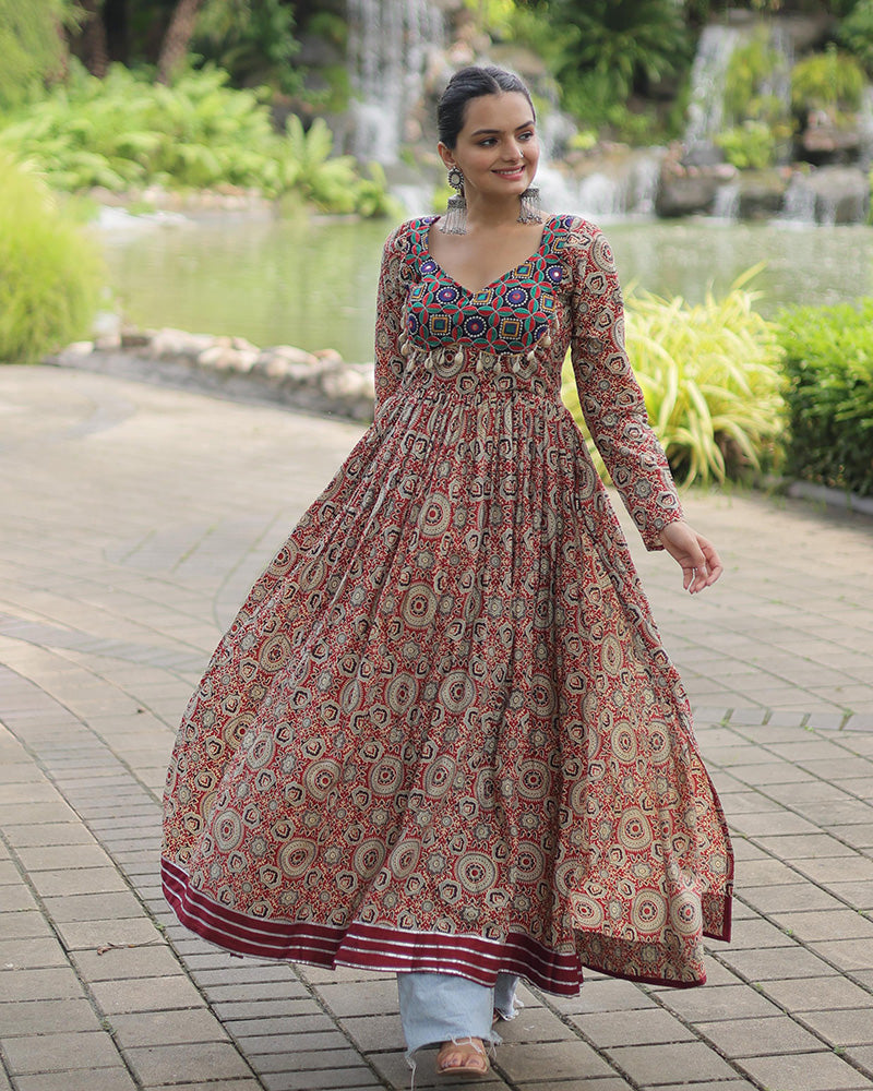 Maroon Color Cotton Printed Navratri Kurti