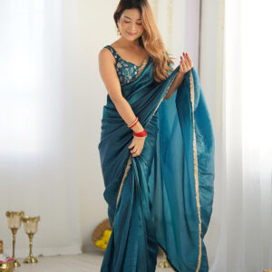 Teal Blue Color Tissue Silk Pre Drapped Saree