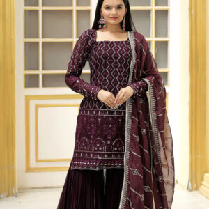 Wine Color Three Piece Sharara Suit